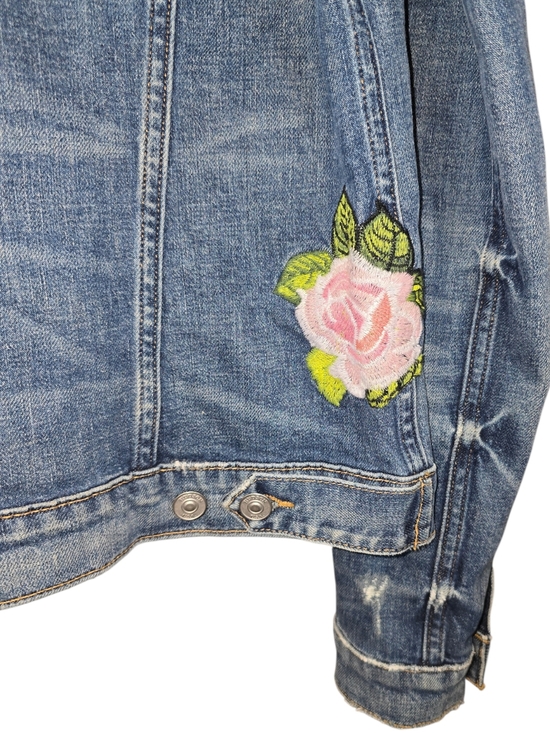 Hudson "The Classic" Distressed Denim Jean Trucker Jacket Rose Embroidery Size M - Picture 10 of 14